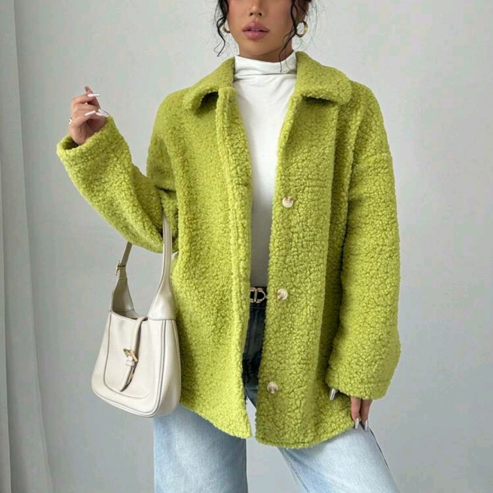 Solid Color Front Button Long Sleeve Casual Sherpa Collar Jacket Fall/ Winter - Picture 3 of 6